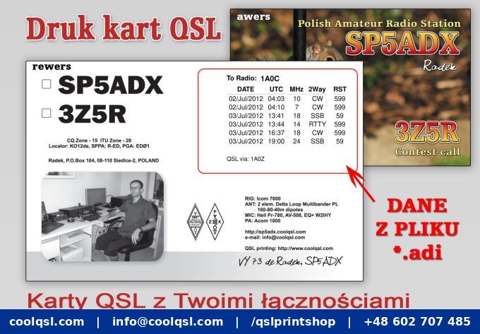Przykład kart QSL z łącznościami z pliku ADI