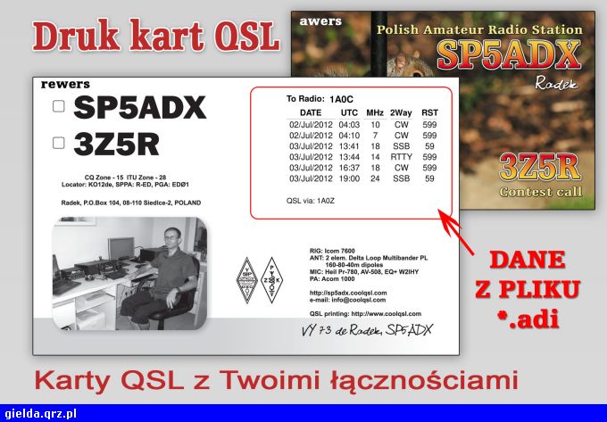 Przykład kart QSL z łącznościami z pliku ADI
