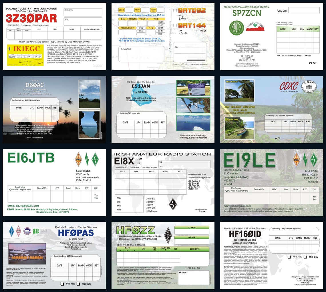 Przykładowe rewersy kart QSL
